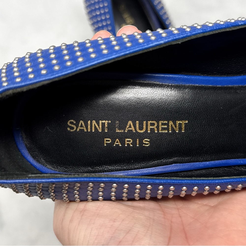 Saint Laurent Paris 80 Studded Leather Pointed Toe Stiletto Heel Pumps Blue 38 - Picture 8 of 14
